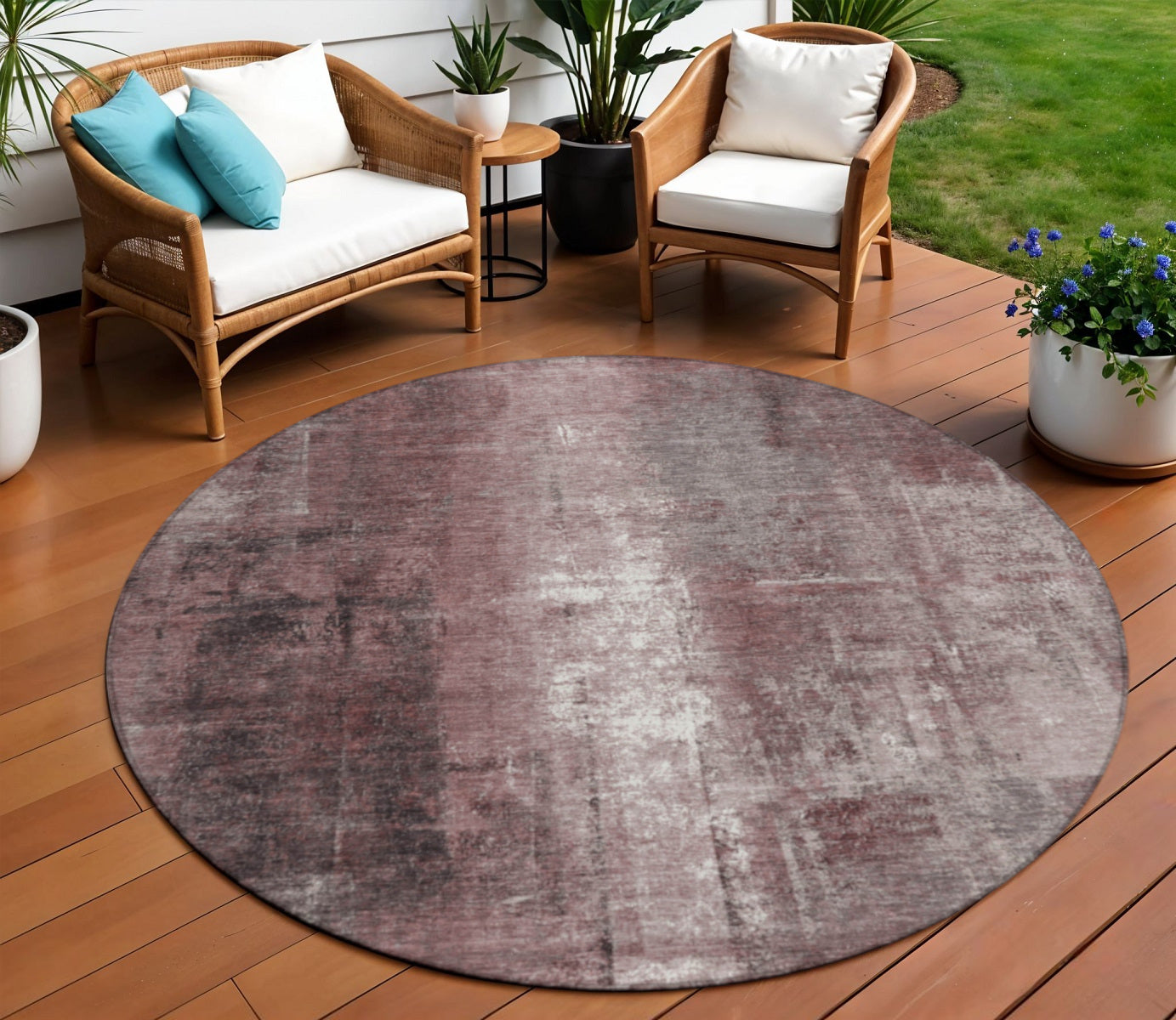 8 Blush And Ivory Round Abstract Washable Indoor Outdoor Area Rug