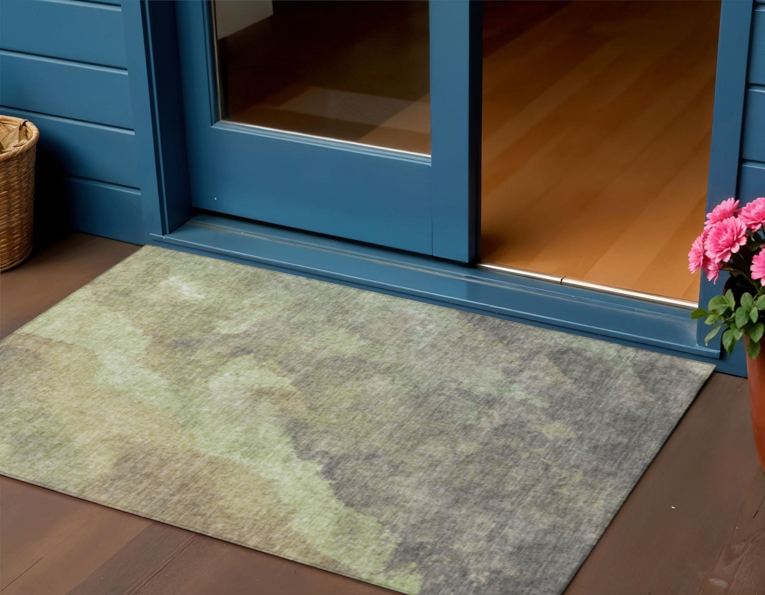 3 X 5 Artichoke Green And Taupe Abstract Washable Indoor Outdoor Area Rug