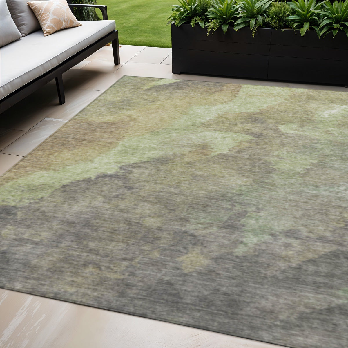 5 X 8 Artichoke Green And Taupe Abstract Washable Indoor Outdoor Area Rug