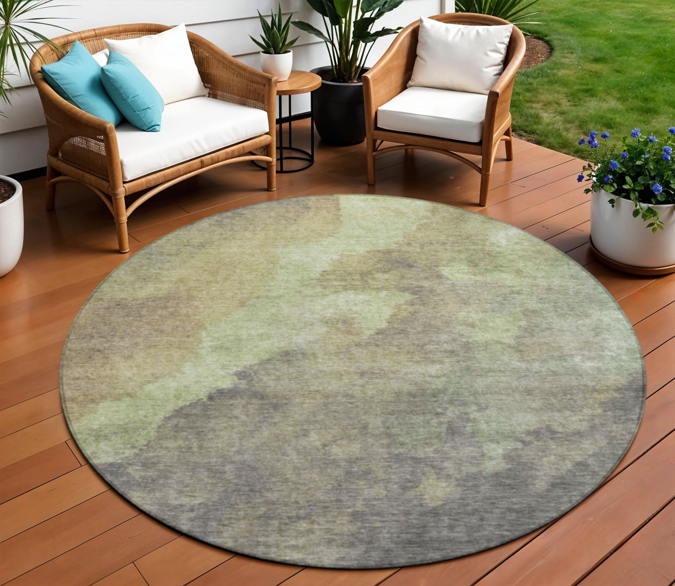 8 Artichoke Green And Taupe Round Abstract Washable Indoor Outdoor Area Rug