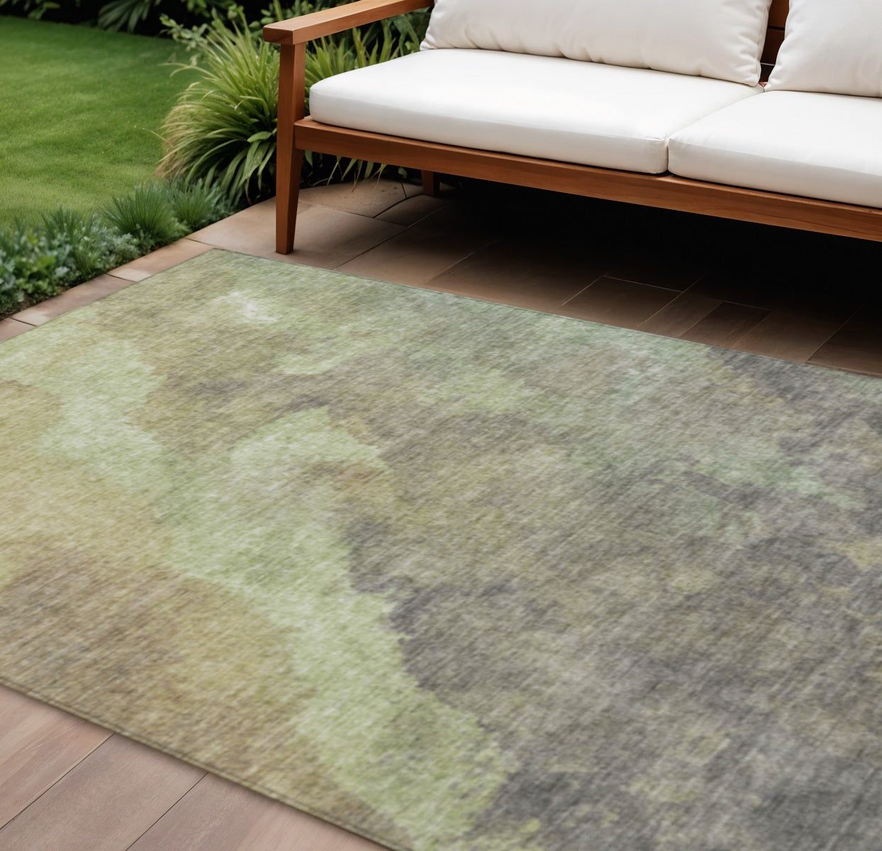 10 X 14 Artichoke Green And Taupe Abstract Washable Indoor Outdoor Area Rug