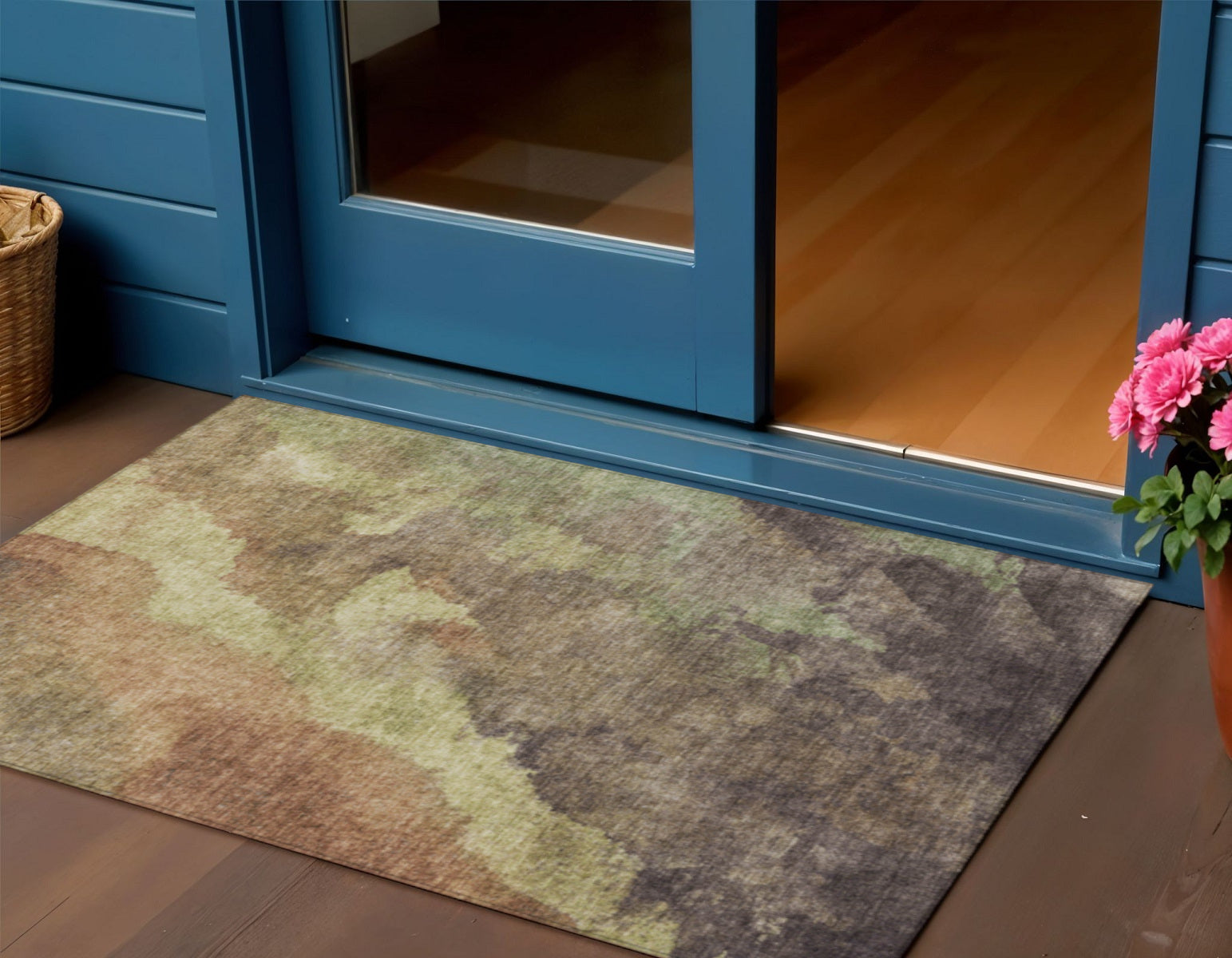 3 X 5 Brown And Fern Green Abstract Washable Indoor Outdoor Area Rug