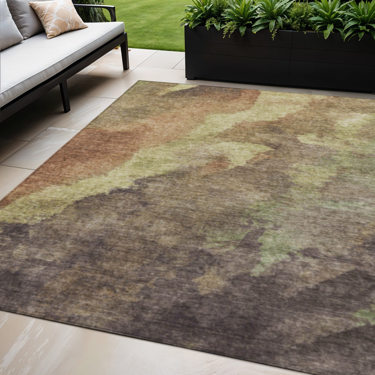 5 X 8 Brown And Fern Green Abstract Washable Indoor Outdoor Area Rug