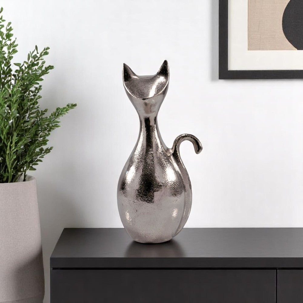 11 Silver Aluminum Cat Tabletop Sculpture