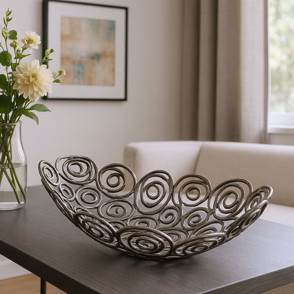20 Silver Aluminum Abstract Circles Oval Decorative Bowl
