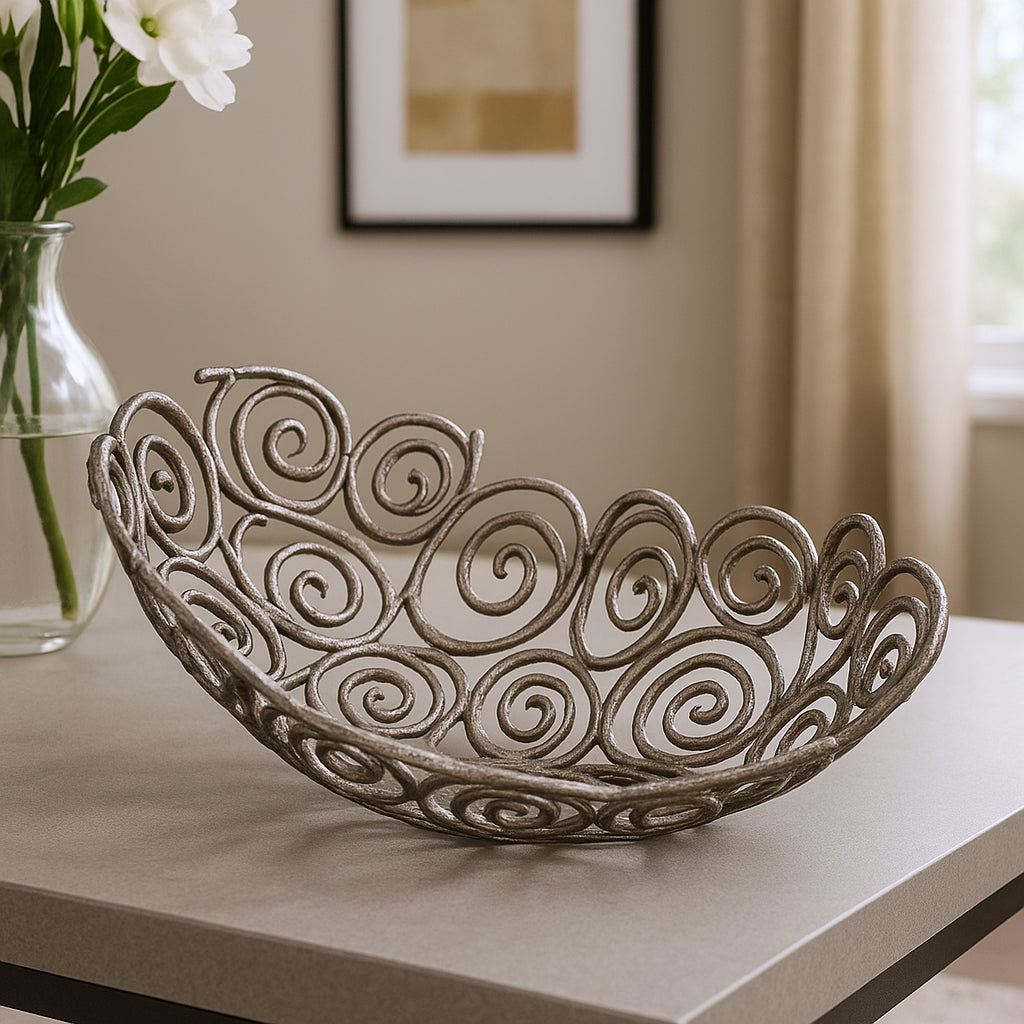 16 Silver Aluminum Abstract Circles Oval Decorative Bowl