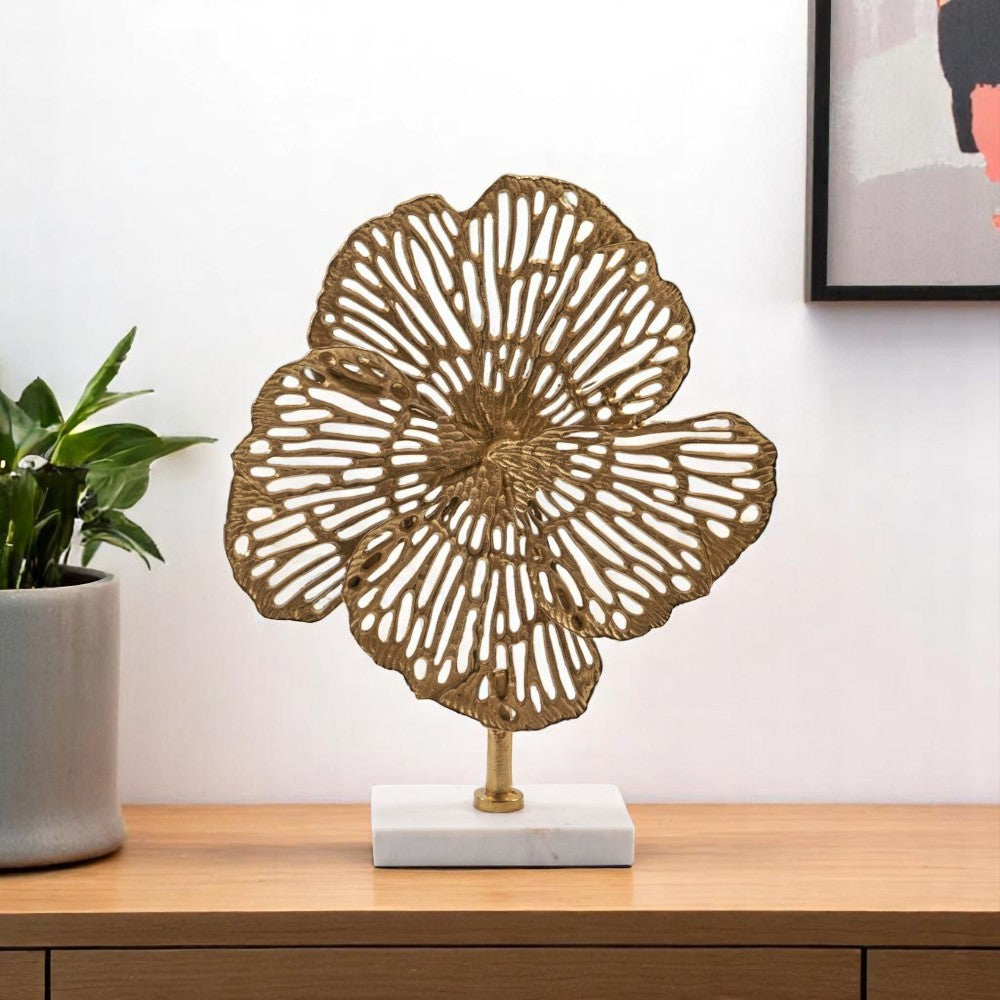 18 Antiqued Gold And White Aluminum And Marble Flowers Abstract Tabletop Sculpture