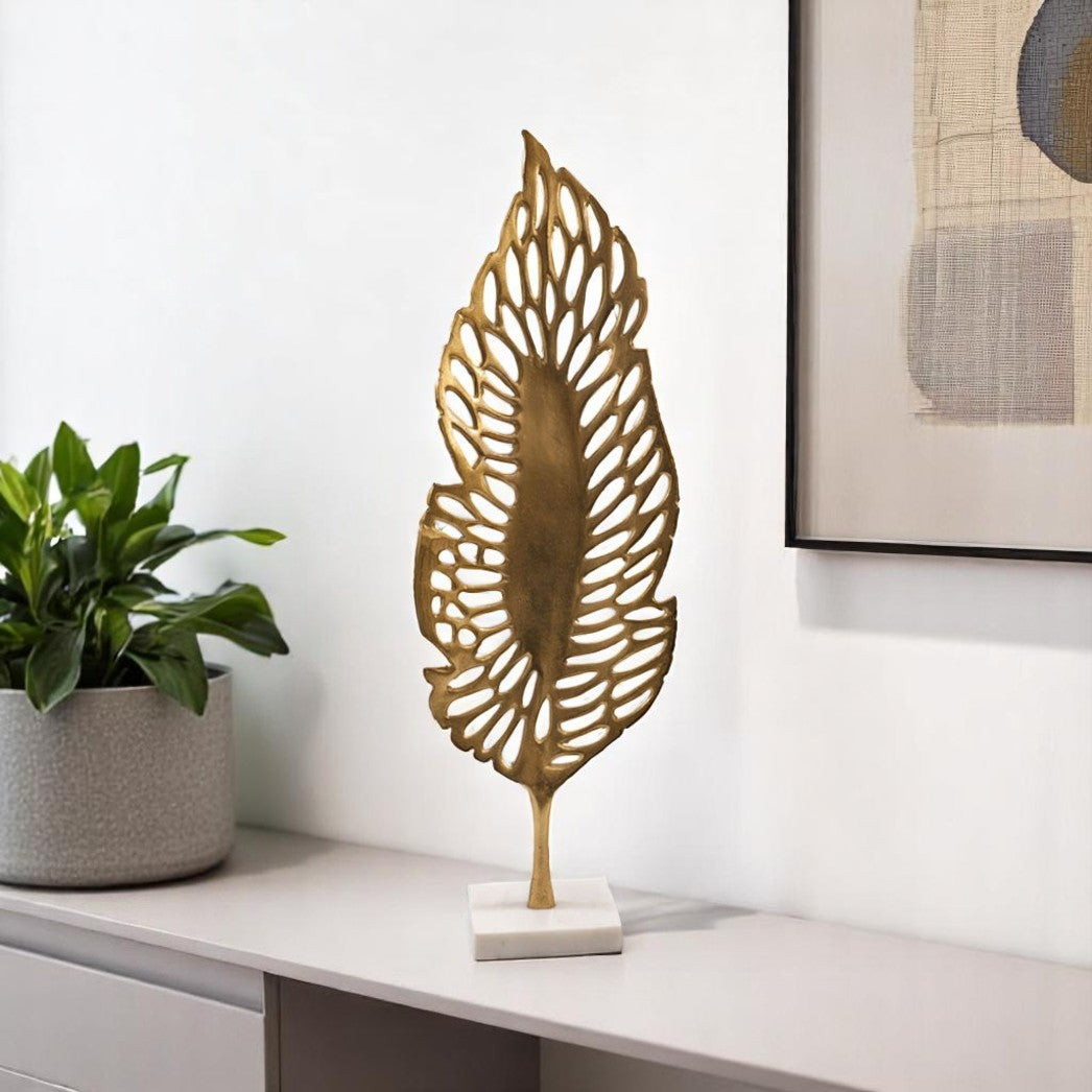 28 Gold And White Aluminum And Marble Leaf Tabletop Sculpture