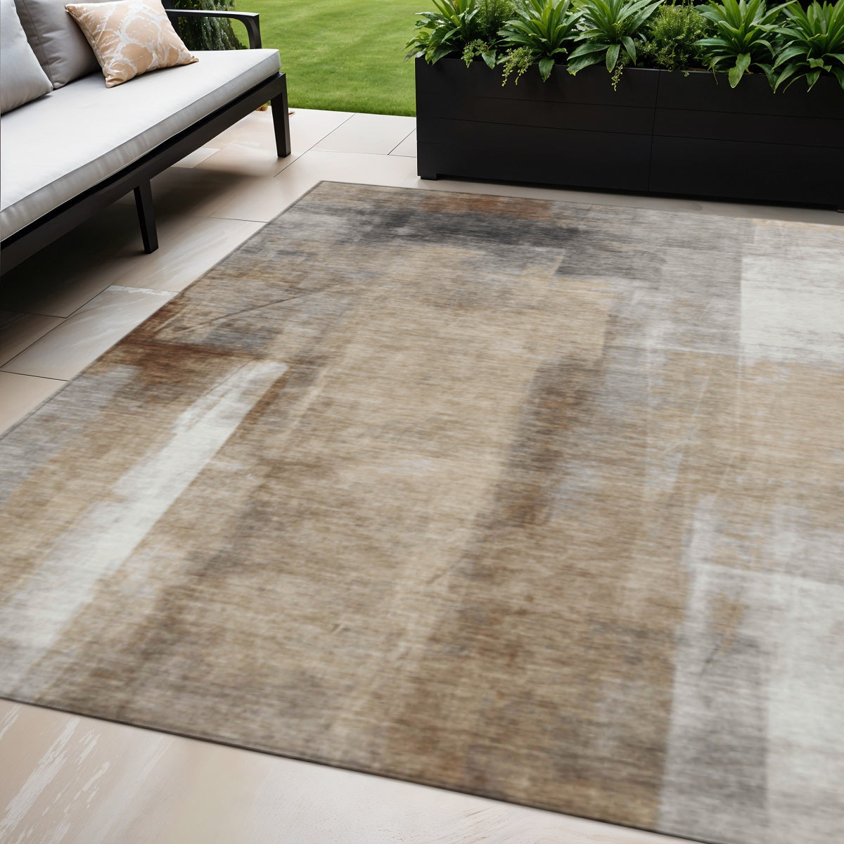 5 X 8 Beige And Ivory Abstract Washable Indoor Outdoor Area Rug