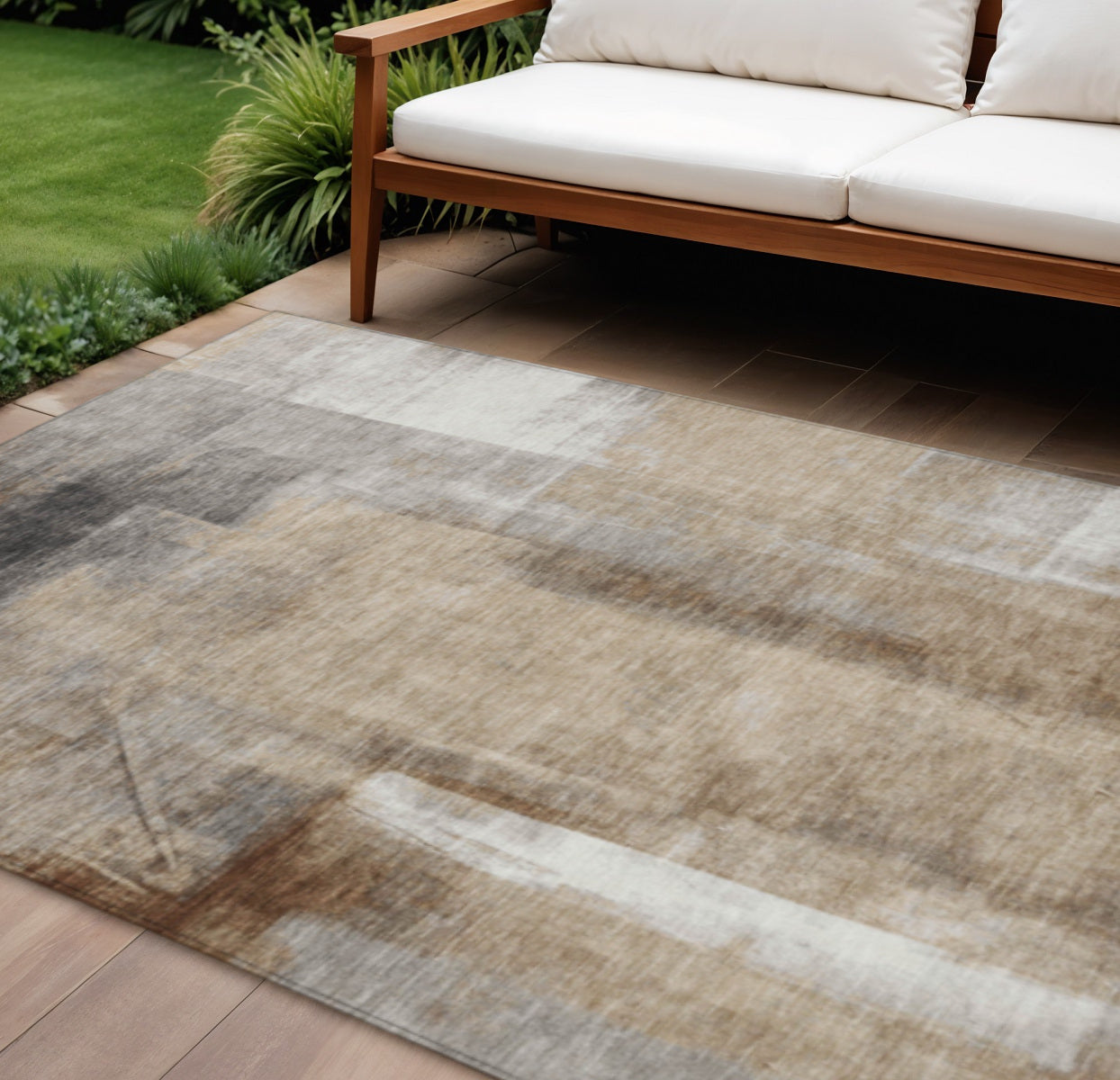 9 X 12 Beige And Ivory Abstract Washable Indoor Outdoor Area Rug