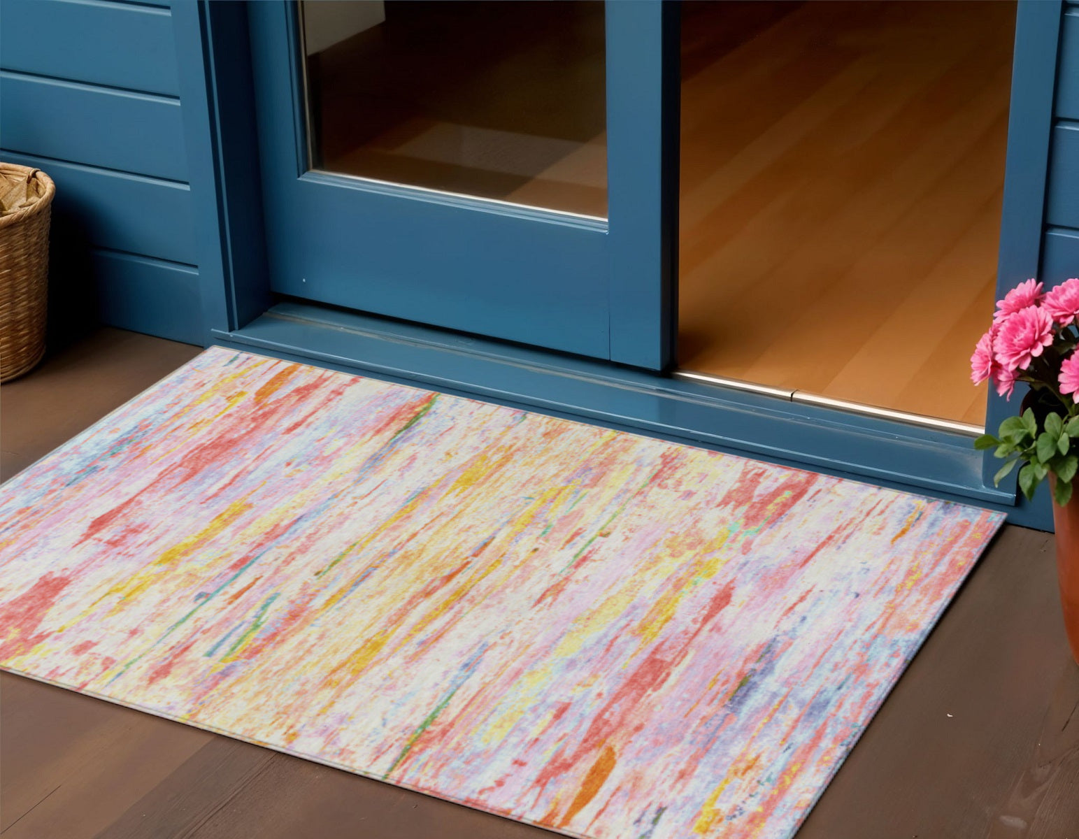 3 X 5 Coral And Yellow Abstract Washable Indoor Outdoor Area Rug