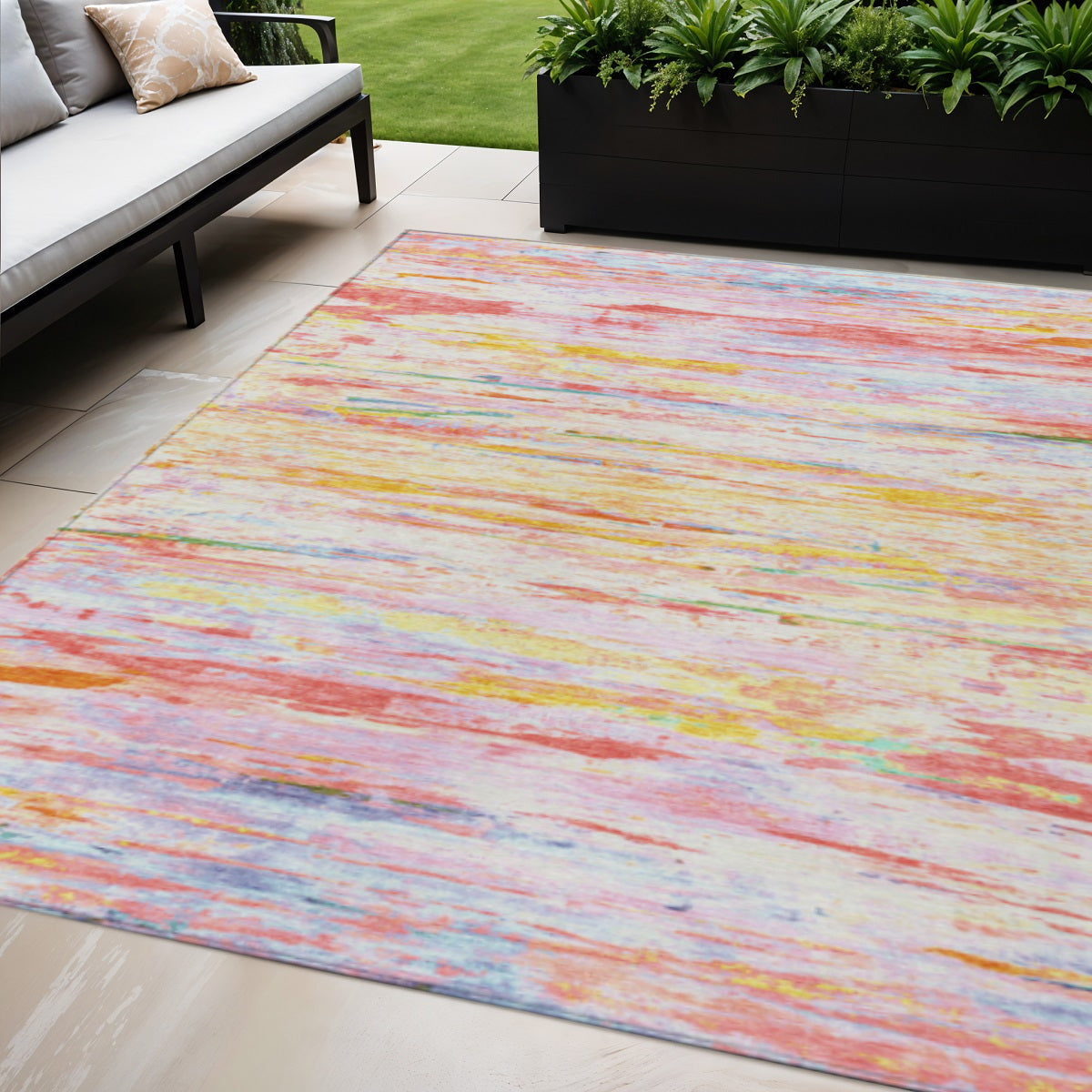 5 X 8 Coral And Yellow Abstract Washable Indoor Outdoor Area Rug