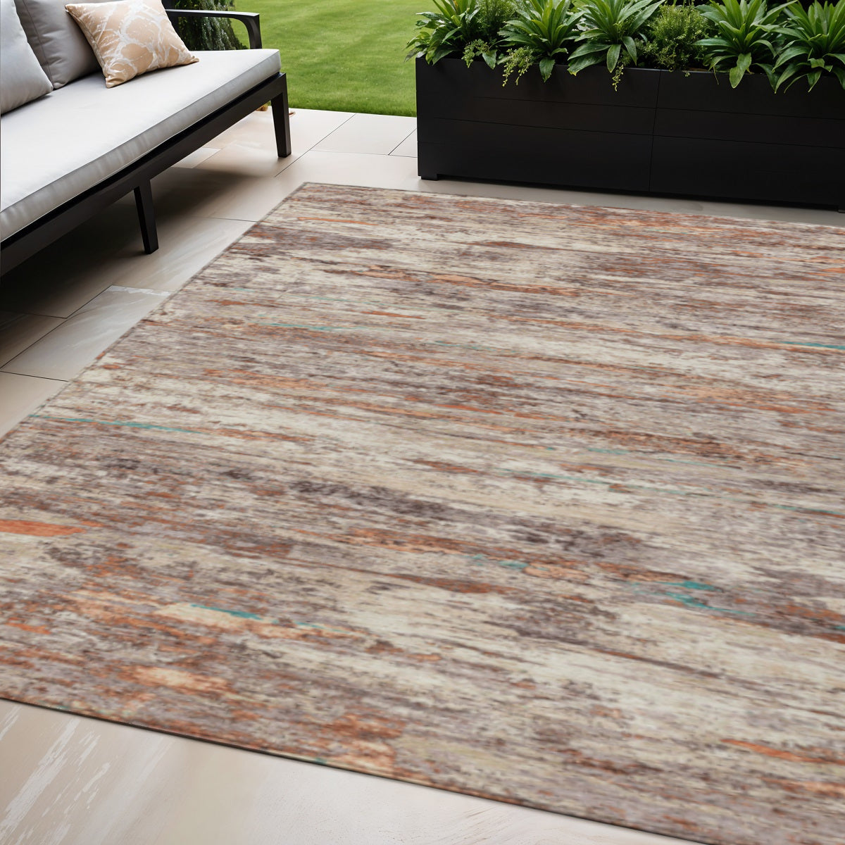 5 X 8 Terra Cotta And Beige Abstract Washable Indoor Outdoor Area Rug