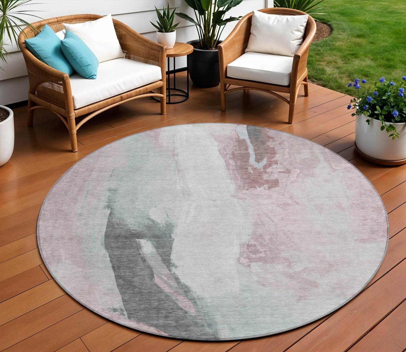 8 Blush And Gray Round Abstract Washable Indoor Outdoor Area Rug