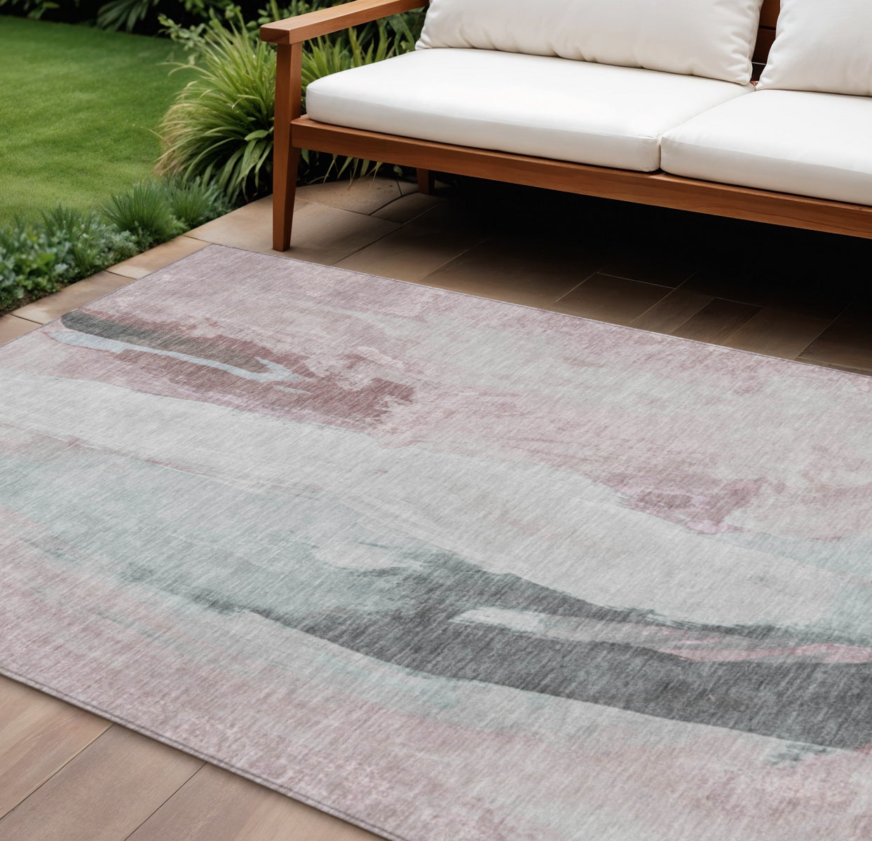 10 X 14 Blush And Gray Abstract Washable Indoor Outdoor Area Rug