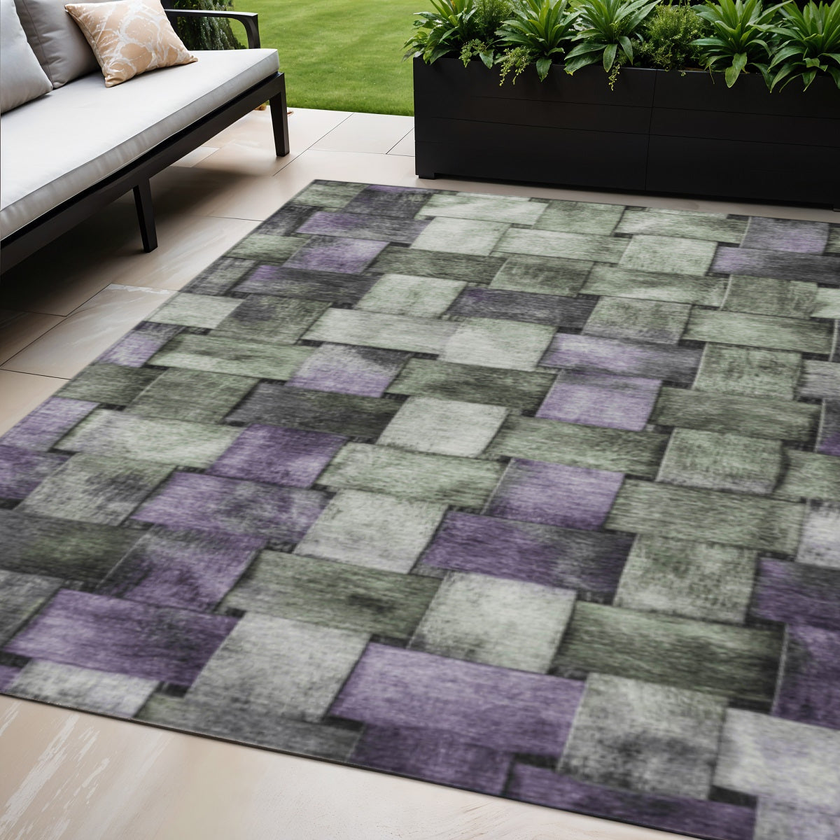 5 X 8 Sage And Purple Striped Washable Indoor Outdoor Area Rug