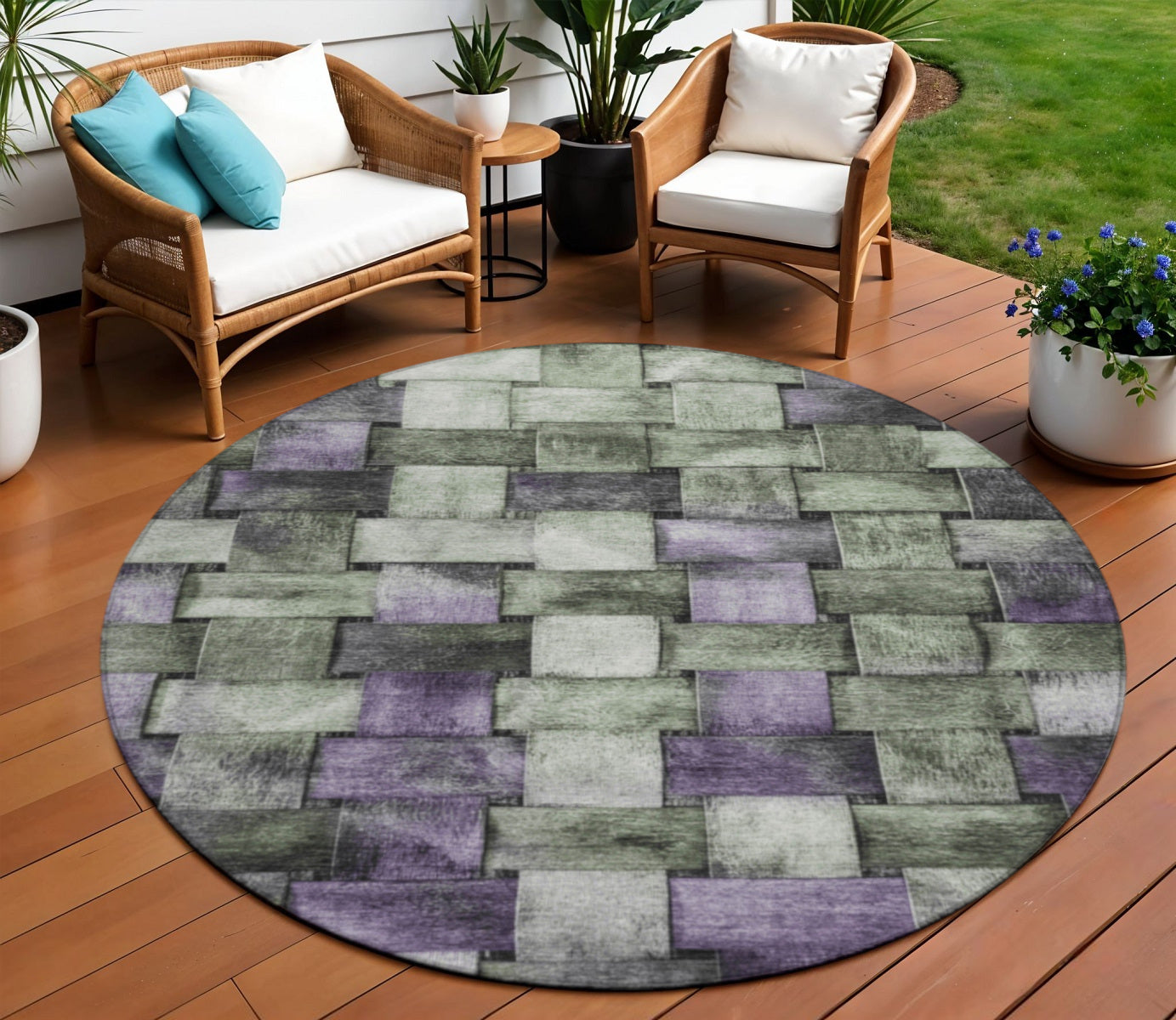 8 Sage And Purple Round Striped Washable Indoor Outdoor Area Rug