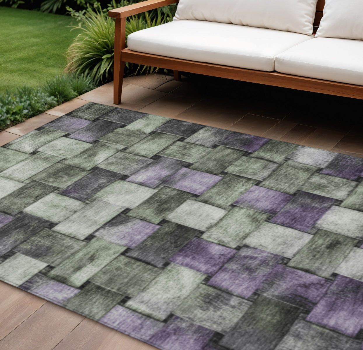 10 X 14 Sage And Purple Striped Washable Indoor Outdoor Area Rug