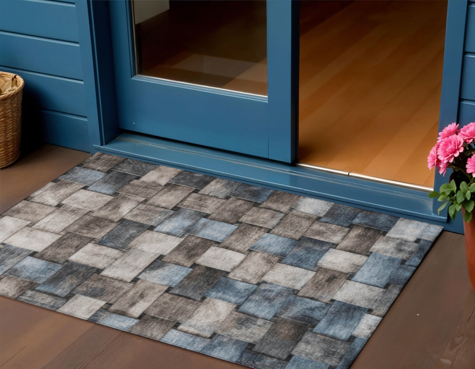 3 X 5 Taupe And Denim Blue Striped Washable Indoor Outdoor Area Rug