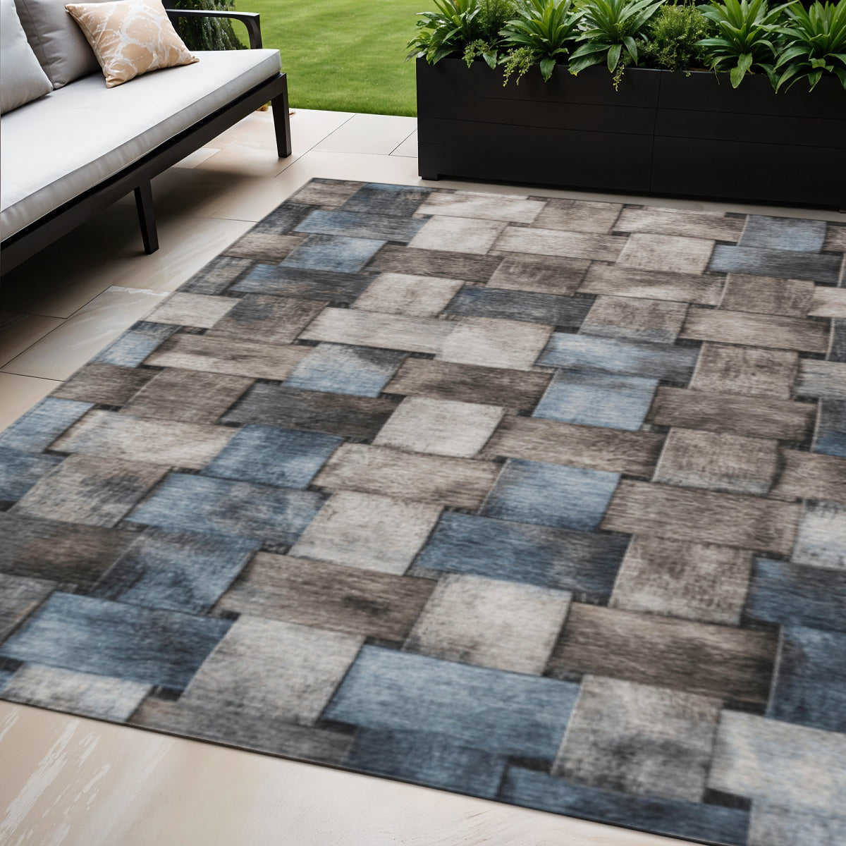5 X 8 Taupe And Denim Blue Striped Washable Indoor Outdoor Area Rug