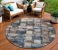 8 Taupe And Denim Blue Round Striped Washable Indoor Outdoor Area Rug