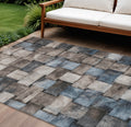 8 X 10 Taupe And Denim Blue Striped Washable Indoor Outdoor Area Rug