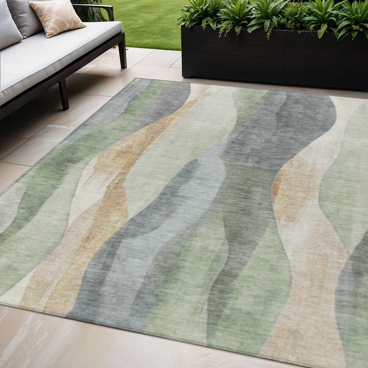 5 X 8 Artichoke Green And Gray Abstract Washable Indoor Outdoor Area Rug