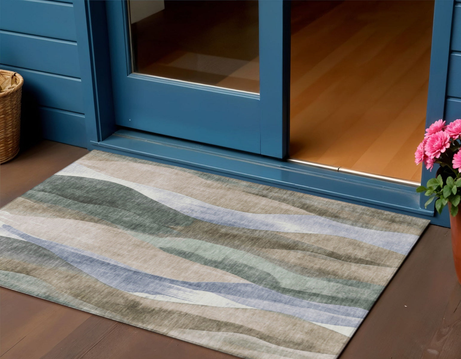 3 X 5 Beige And Denim Blue Abstract Washable Indoor Outdoor Area Rug