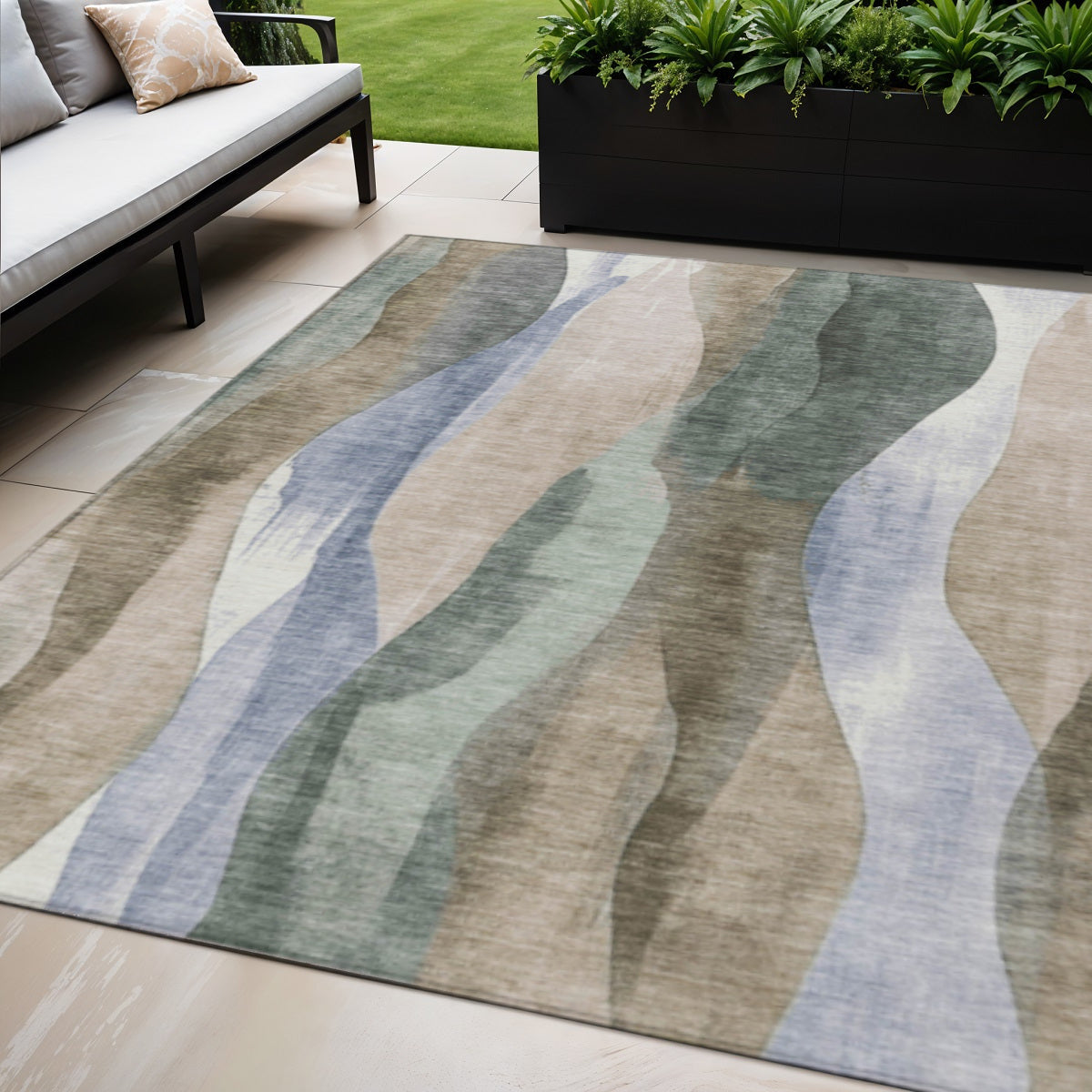 5 X 8 Beige And Denim Blue Abstract Washable Indoor Outdoor Area Rug