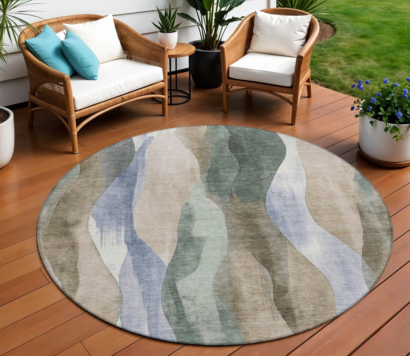 8 Beige And Denim Blue Round Abstract Washable Indoor Outdoor Area Rug