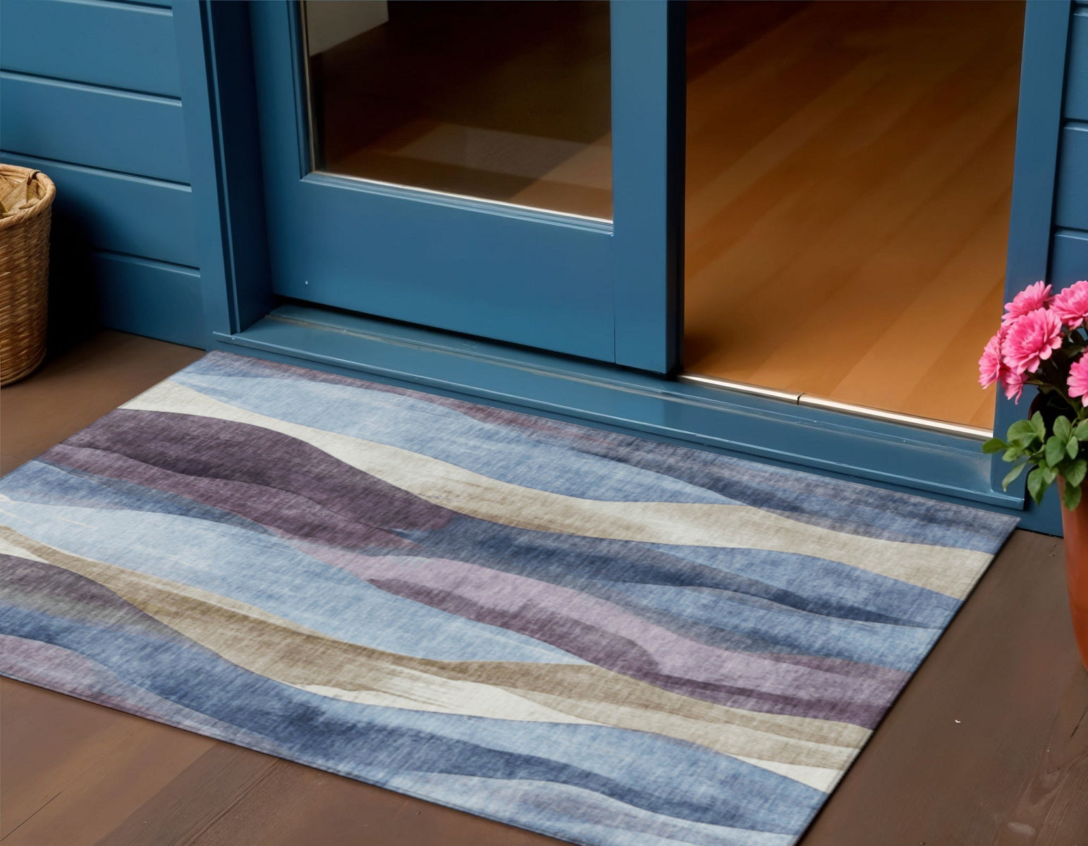 3 X 5 Denim Blue And Purple Abstract Washable Indoor Outdoor Area Rug