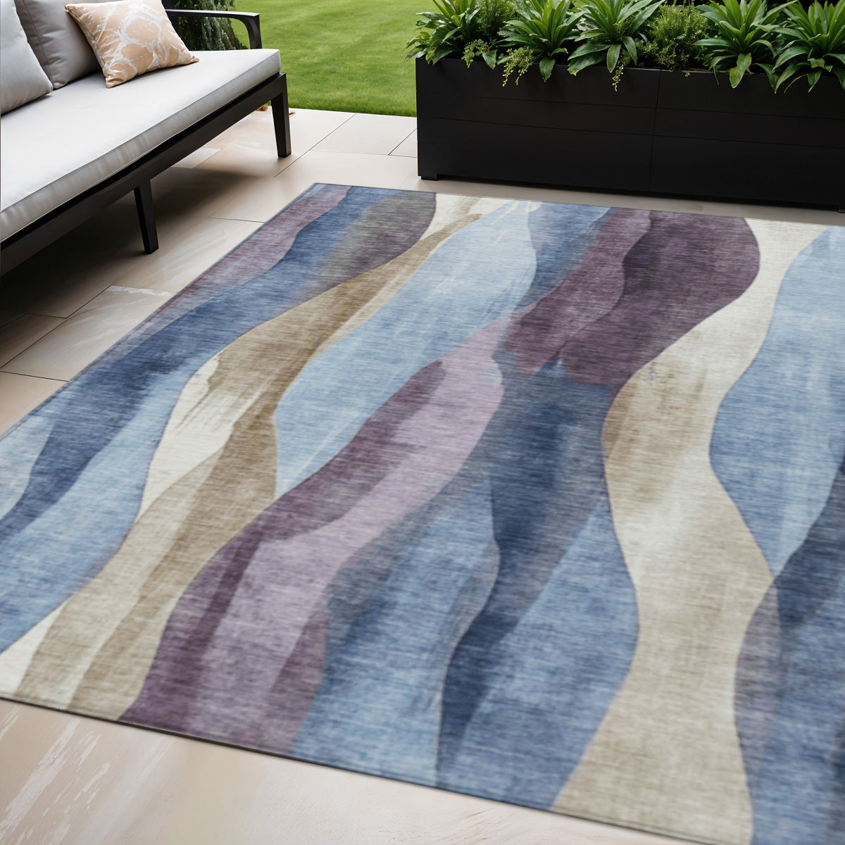 5 X 8 Denim Blue And Purple Abstract Washable Indoor Outdoor Area Rug