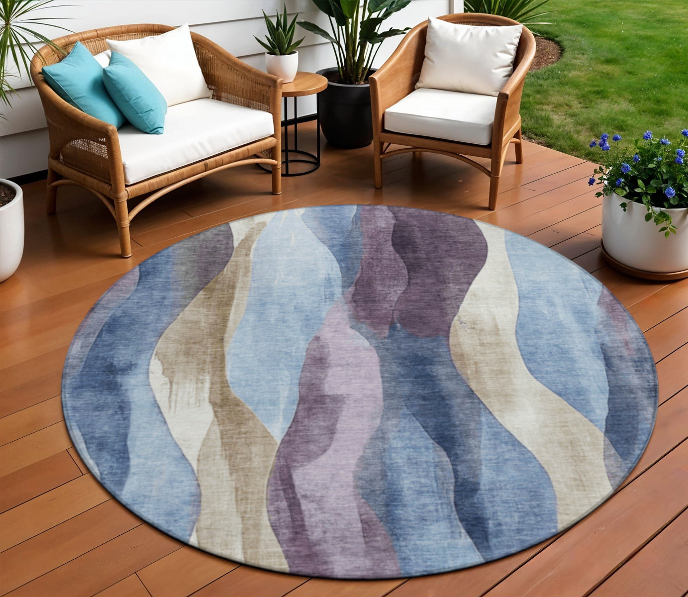 8 Denim Blue And Purple Round Abstract Washable Indoor Outdoor Area Rug