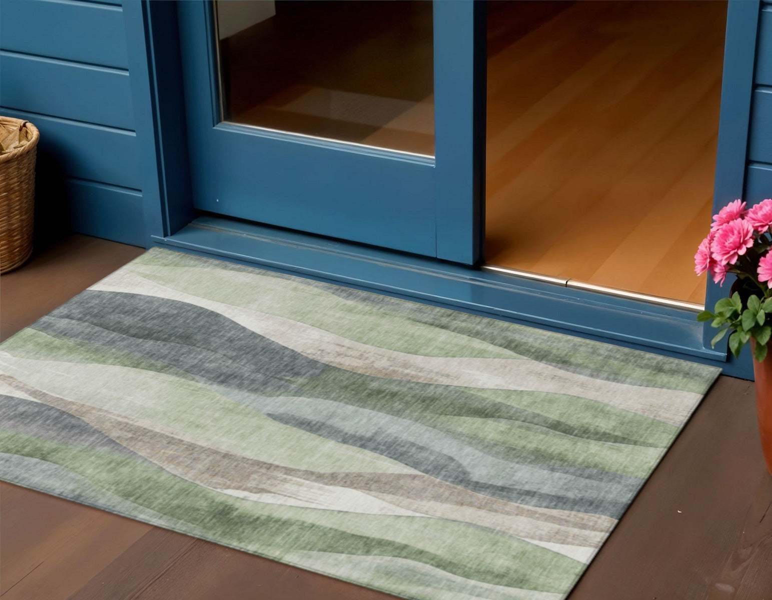 3 X 5 Fern Green And Gray Abstract Washable Indoor Outdoor Area Rug