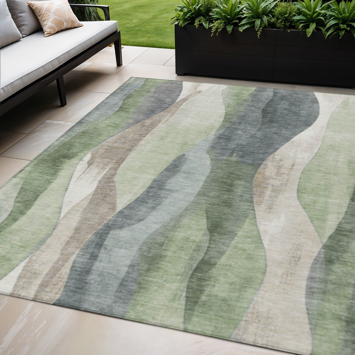 5 X 8 Fern Green And Gray Abstract Washable Indoor Outdoor Area Rug