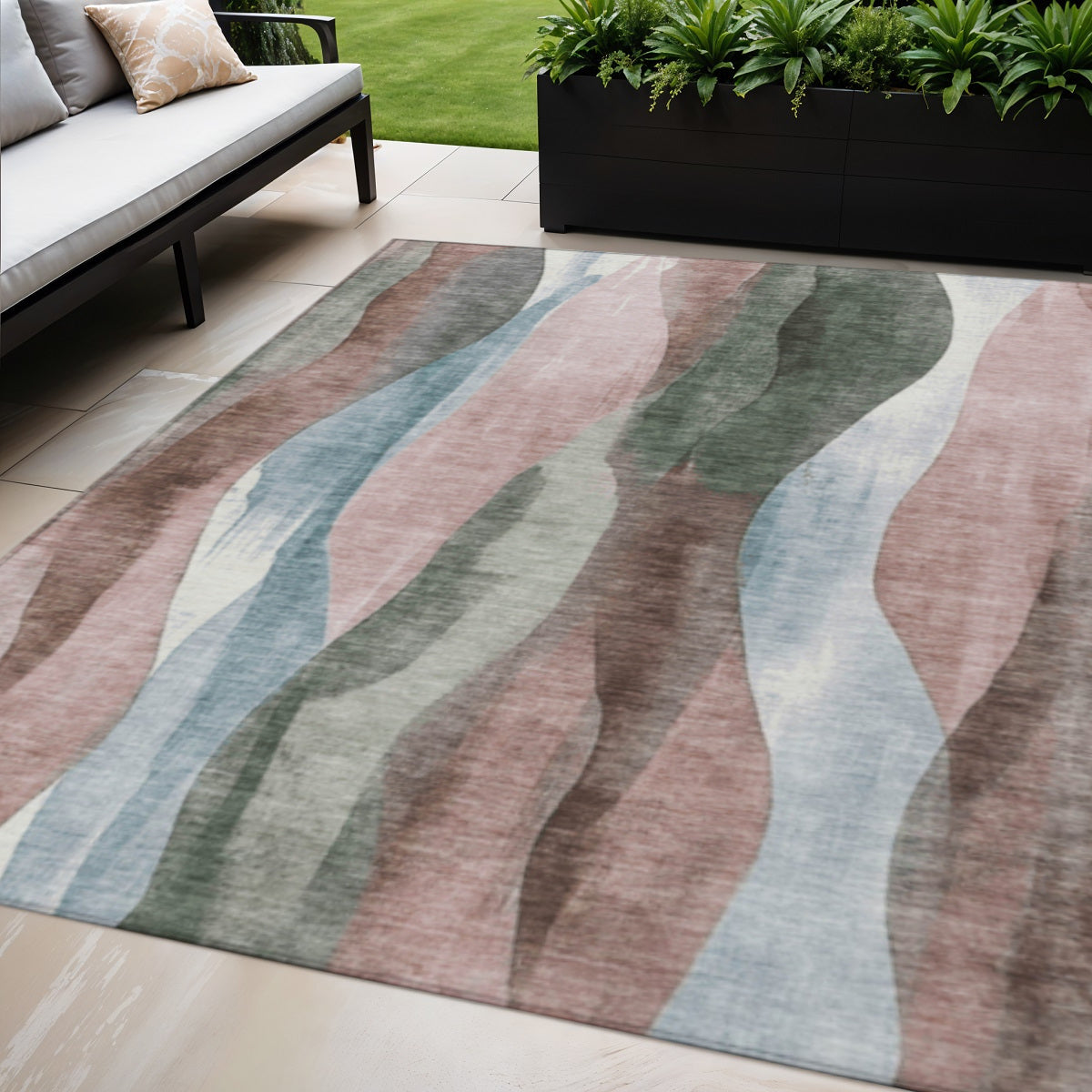 5 X 8 Salmon And Denim Blue Abstract Washable Indoor Outdoor Area Rug