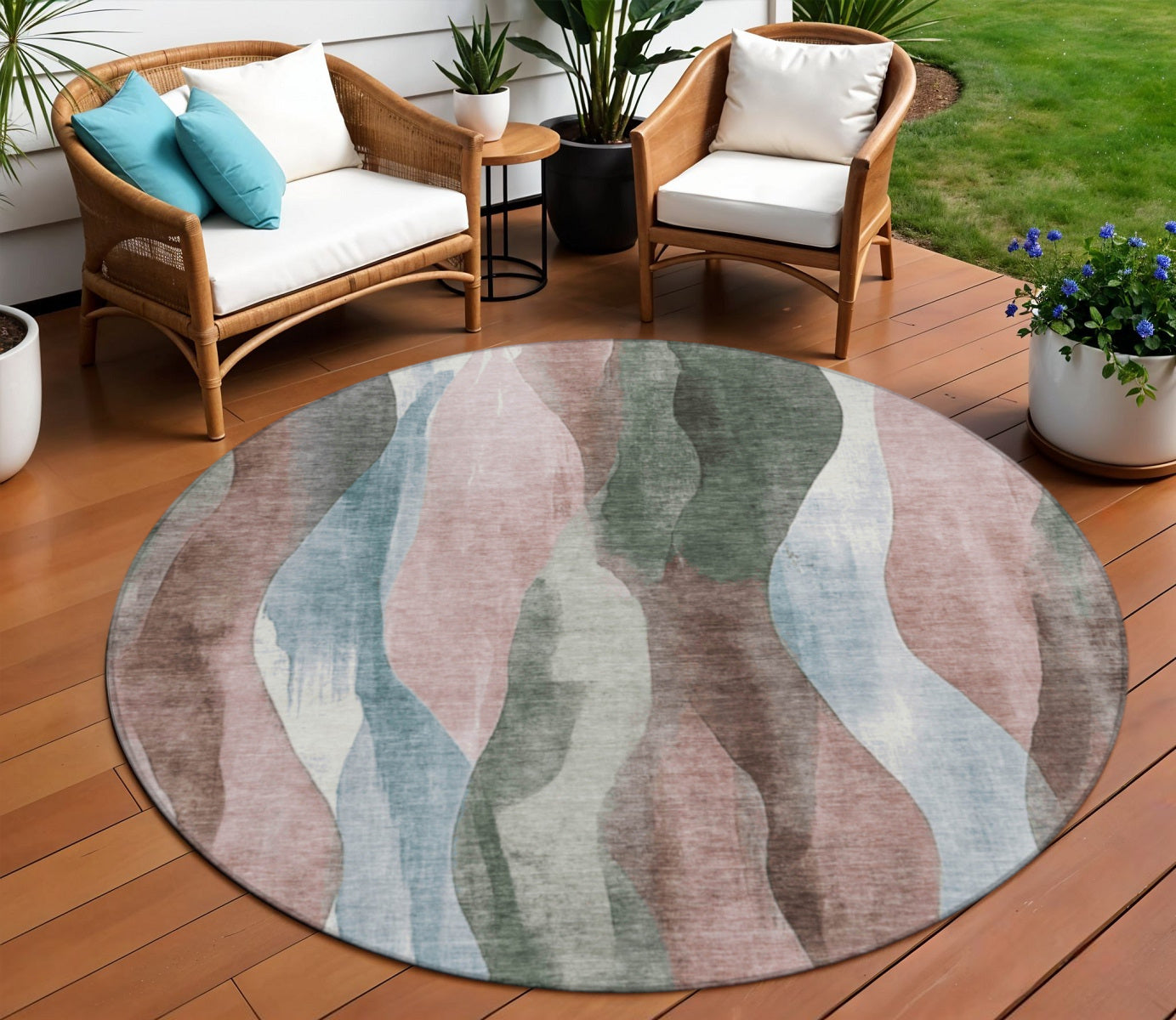 8 Salmon And Denim Blue Round Abstract Washable Indoor Outdoor Area Rug