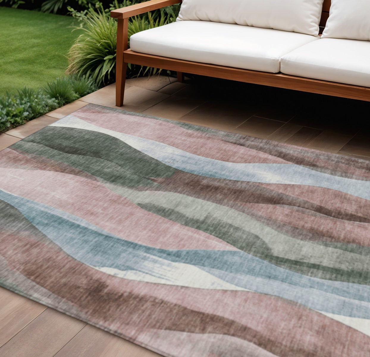 8 X 10 Salmon And Denim Blue Abstract Washable Indoor Outdoor Area Rug