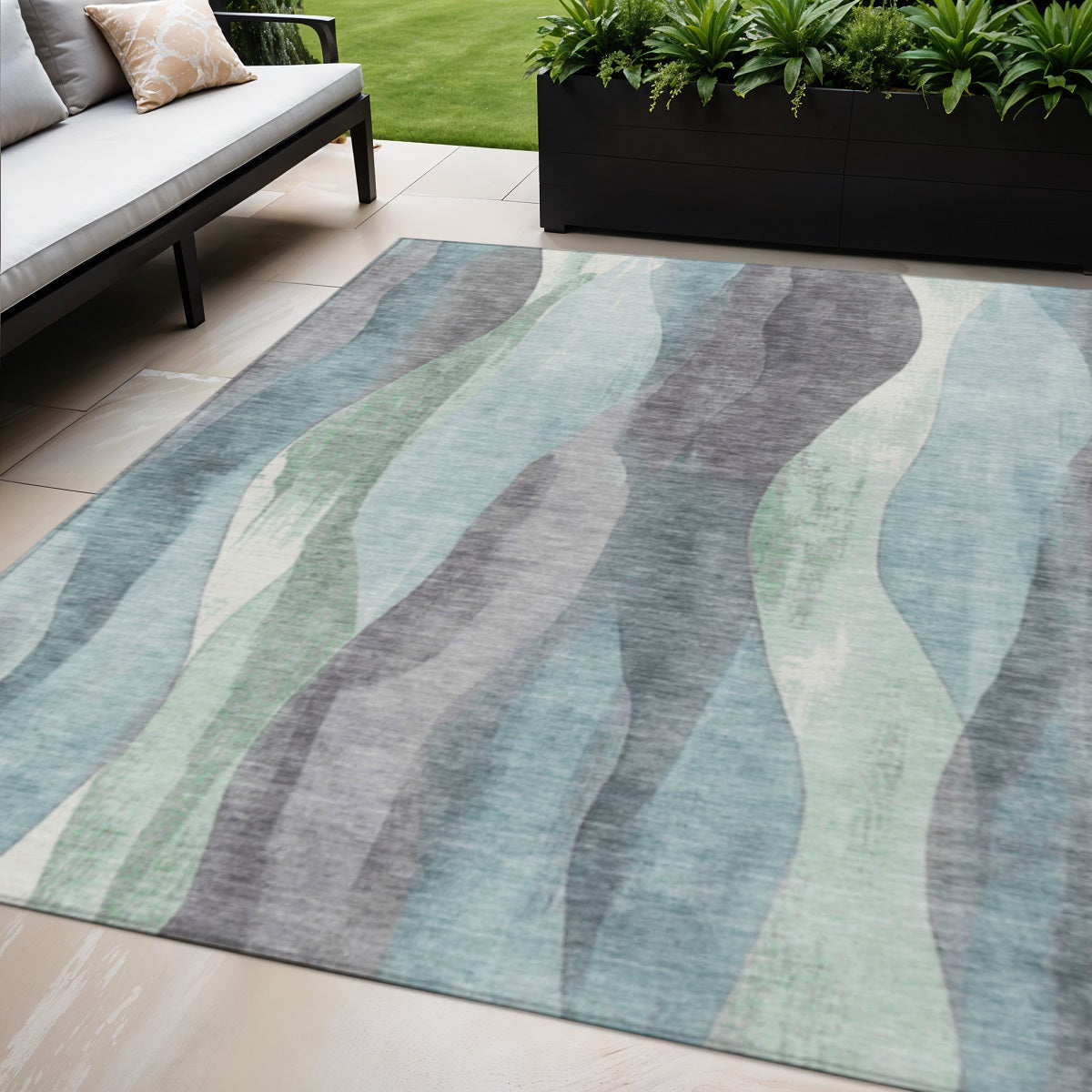 5 X 8 Teal Blue And Fern Green Abstract Washable Indoor Outdoor Area Rug