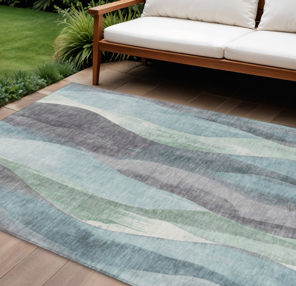 10 X 14 Teal Blue And Fern Green Abstract Washable Indoor Outdoor Area Rug