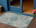3 X 5 Teal Blue Fern Green And Beige Floral Washable Indoor Outdoor Area Rug