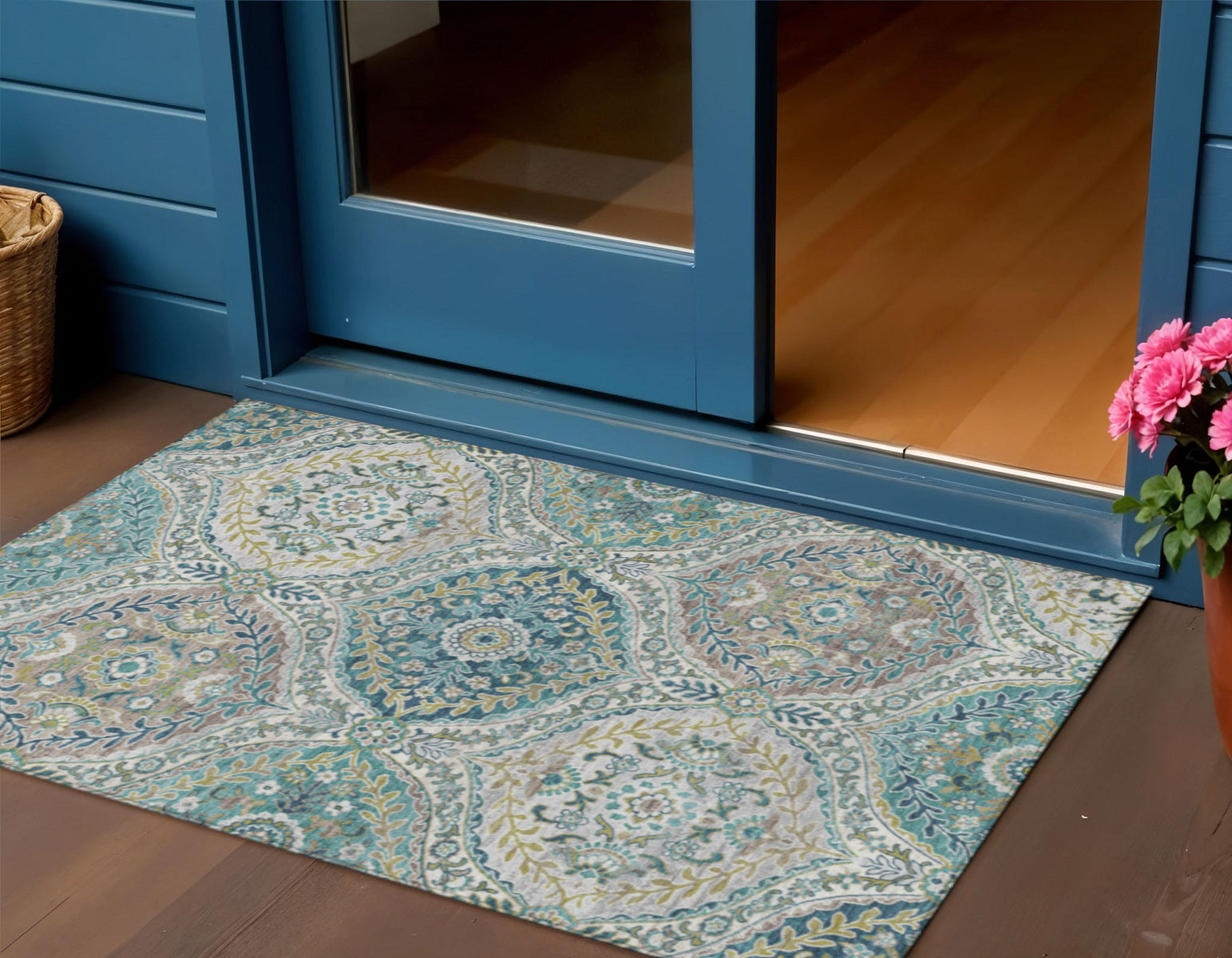 3 X 5 Teal Blue Fern Green And Beige Floral Washable Indoor Outdoor Area Rug