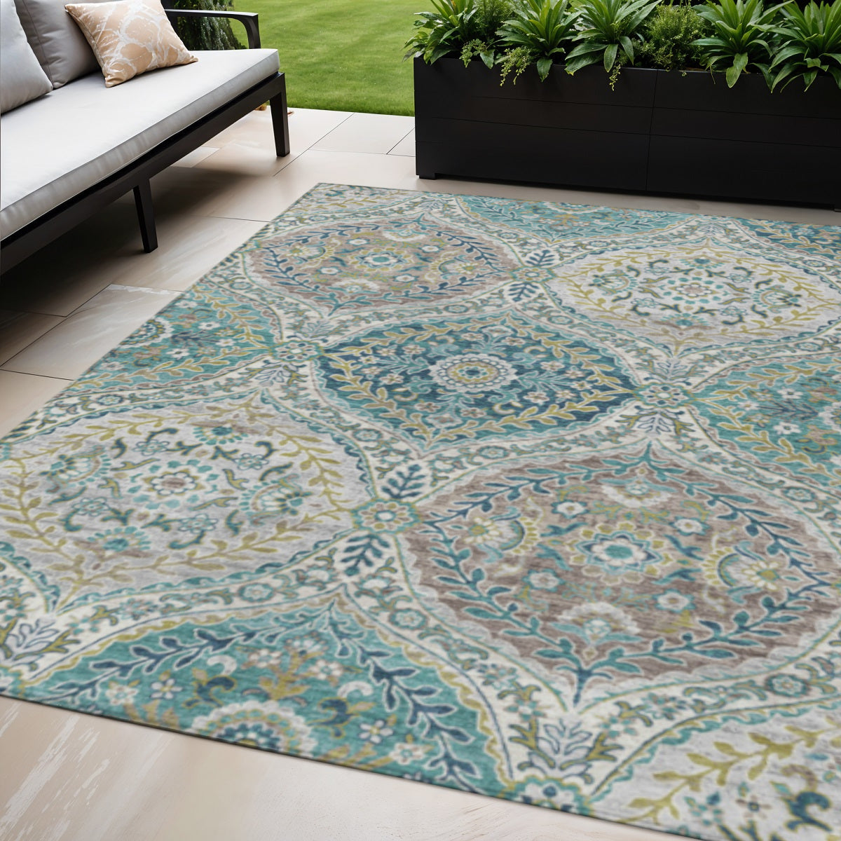5 X 8 Teal Blue Fern Green And Beige Floral Washable Indoor Outdoor Area Rug