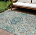 8 X 10 Teal Blue Fern Green And Beige Floral Washable Indoor Outdoor Area Rug