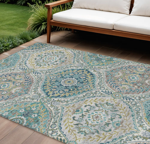 10 X 14 Teal Blue Fern Green And Beige Floral Washable Indoor Outdoor Area Rug