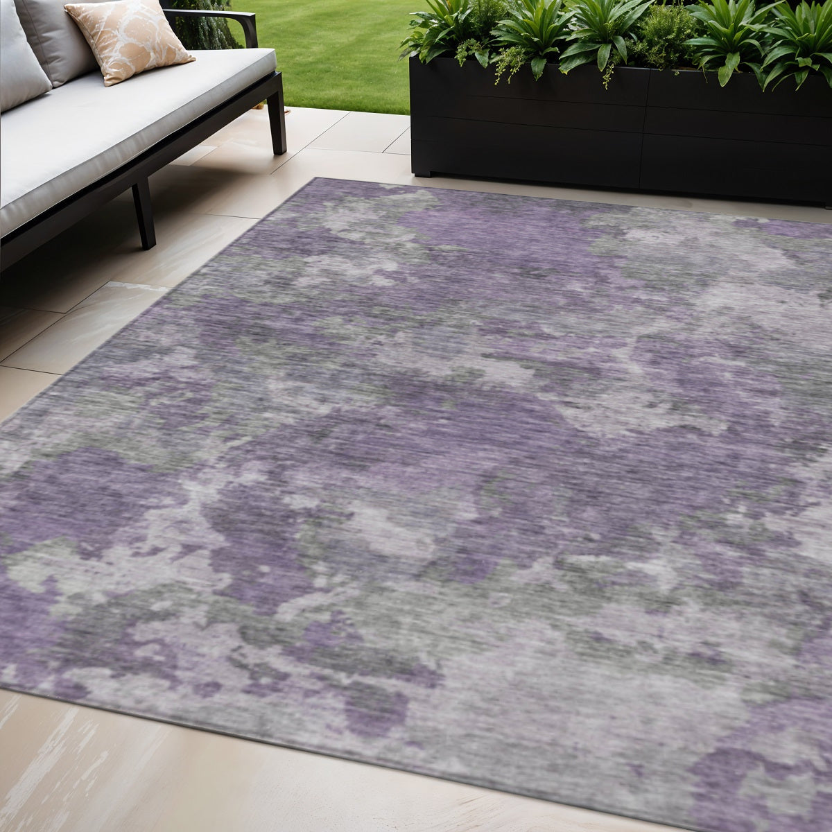 5 X 8 Purple And Gray Abstract Washable Indoor Outdoor Area Rug