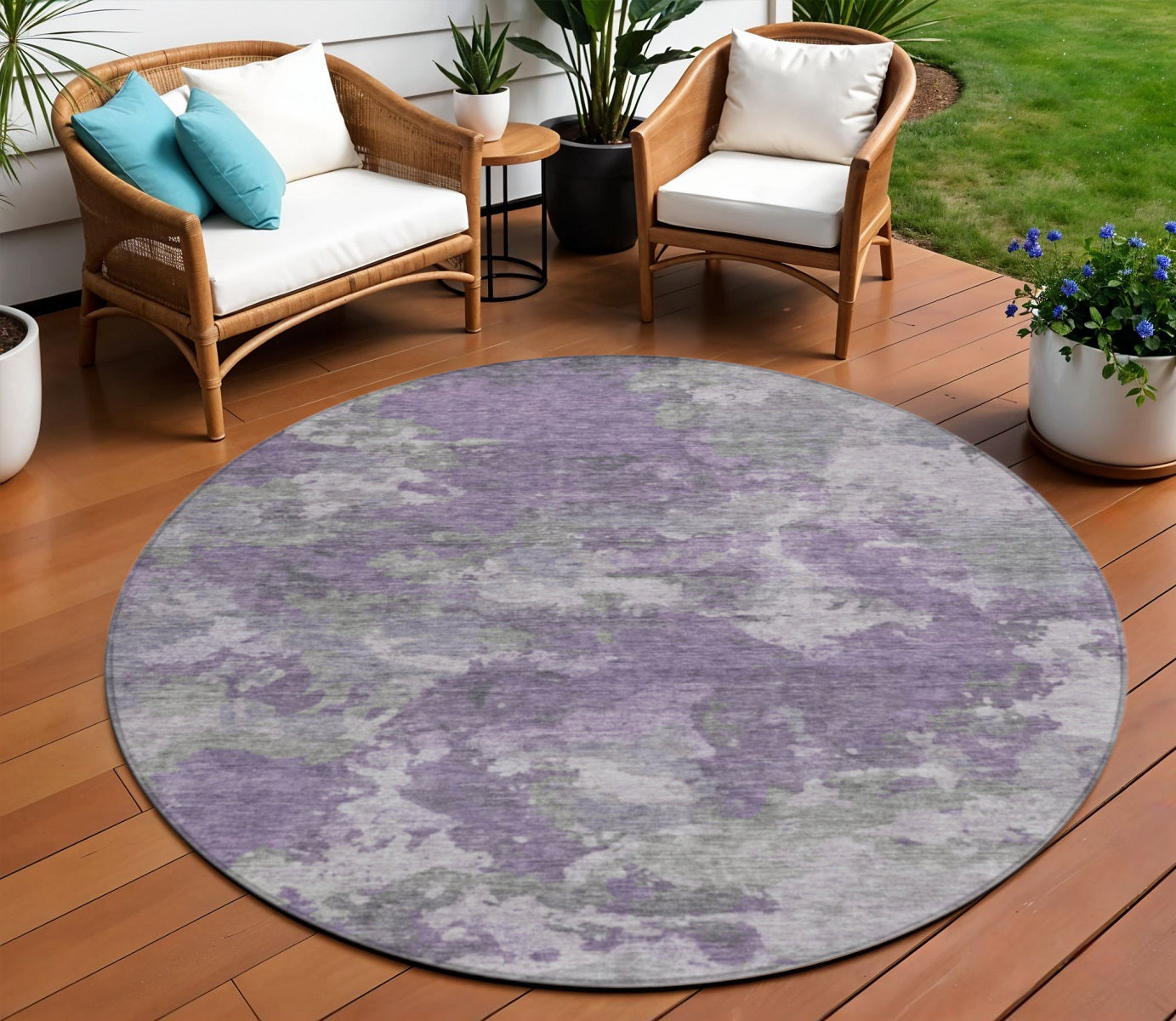 8 Purple And Gray Round Abstract Washable Indoor Outdoor Area Rug