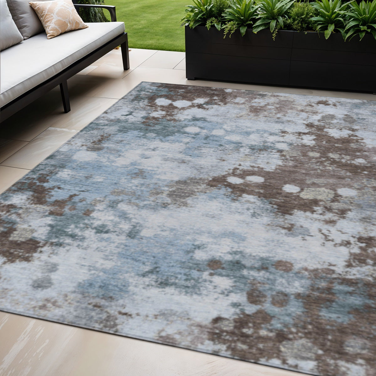 5 X 8 Sky Blue And Brown Abstract Washable Indoor Outdoor Area Rug