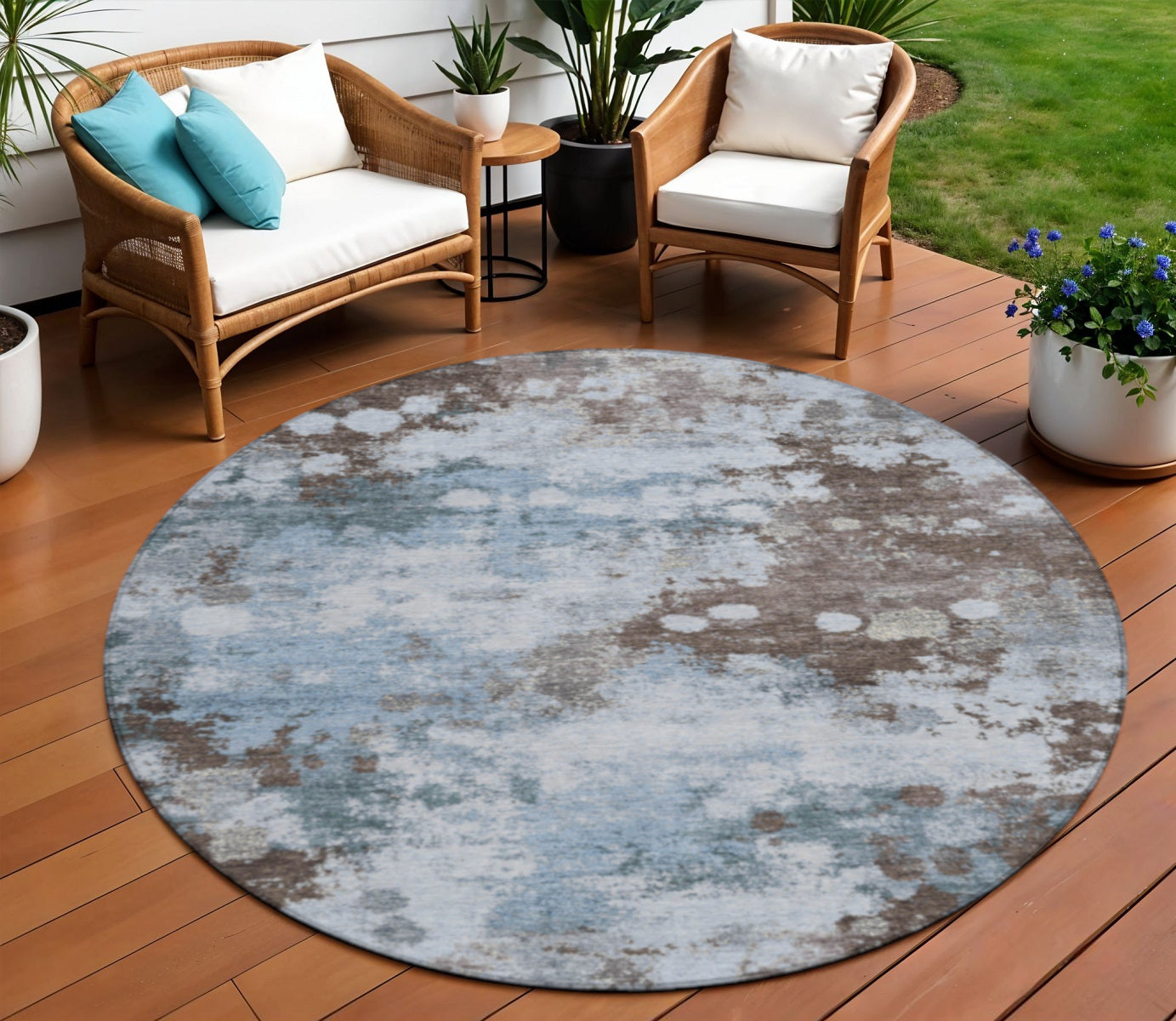8 Sky Blue And Brown Round Abstract Washable Indoor Outdoor Area Rug