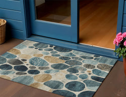 3 X 5 Teal Blue Beige And Ivory Geometric Washable Indoor Outdoor Area Rug